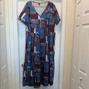 SHEIN Blue & Burgundy Geometric V-Neck Maxi Dress NEW NEVER WORN